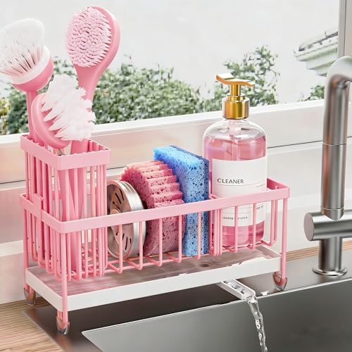 Cisily Sponge Holder for Kitchen Sink, Sink Caddy Organizer with High Brush Holder, Kitchen Countertop Organizers and Storage Essentials, Rustproof 304 Stainless Steel (Pink, 9.25″) - color: Pink