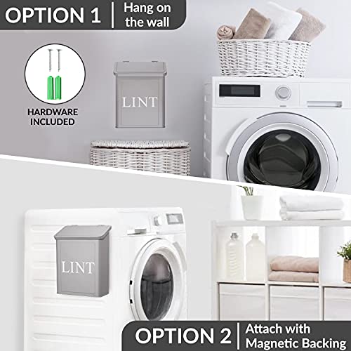 Calindiana Modern Farmhouse Metal Magnetic Lint Bin for Laundry Room Decor and Accessories with Lid and Laundry Room Organization and Storage Wall Mount Space Saving Washer and Dryer Trash Can (Grey) - color: GREY