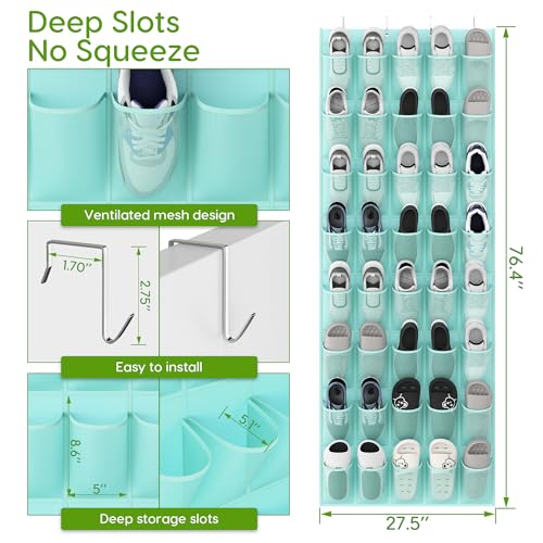 Unjumbly Over the Door Shoe Organizer with 40 Large Breathable Mesh Pockets, Space Saving Shoe Holder, Hanging Shoe Rack for Entryway Bedroom Closet Storage (Mint Blue, 40 Pockets) - color: Mint Blue, size: 40 Pockets