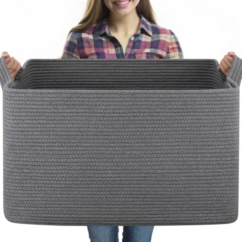OIASKET 95L Extra Large Blanket Basket, 24" x 16.9" x 14.2" Woven Storage Basket for Living Room, Nursery Blanket Storage for Toys, Towels, Dirty Clothes (Grey) - color: Grey, size: 24"x16.9"x14.2"