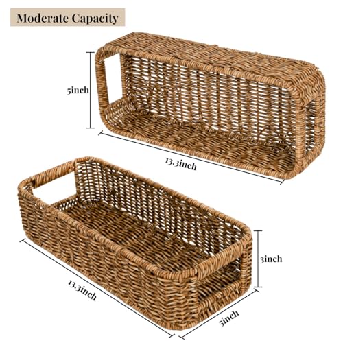 ZAVOOS 2 Pack Toilet Tank Basket, Handwoven Rectangular Wicker Shelf Baskets for Organizing, Decorative Countertop Storage Bin with Built-in Handle for Bathroom Tank Top, Bedroom Closet