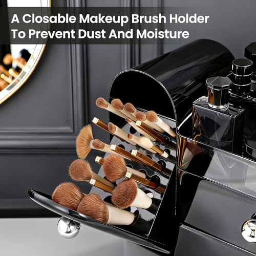 Makeup Organizer,Vanity Organizer with Makeup Brush Holder,Large Skincare Organizers with Drawers,Bathroom Countertop Organizer,Storage Lipstick,Perfume,Nail Polish,Beauty,Mothers Day Gifts - color: Black