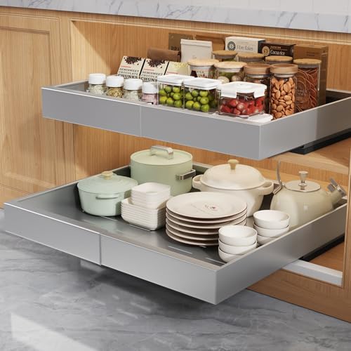 Seinloes 2 Pack Pull Out Cabinet Organizers 21"Deep With Raising Pad for Framed Cabinets,Expandable Slide Out Drawers Upgrade 3 Slide Rails,Roll Out Shelves Adhesive,Adjustable Width 12"-20.45" Silver - color: Silver, size: 12"-20.45"Wide x 21"Deep(2 Pack