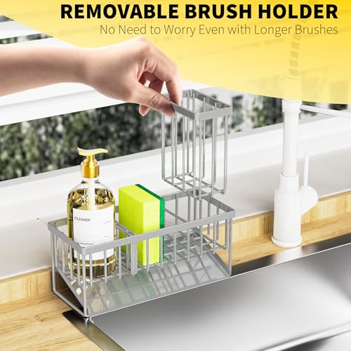 Cisily Sink Caddy Organzier with High Brush Holder, Sponge Holder for Sink, 304 Rustproof Stainless, Kitchen Countertop Soap Dispenser Organizer, Gray Kitchen Decor and Accessories - color: Grey, size: 9.25″