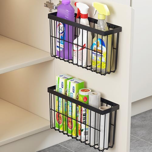 2 Piece Kitchen Cabinet Door Storage Box,Self Adhesive Wall Mounted Storage Boxes,Wardrobe/Bathroom/Refrigerator Small Items Organizer Storage Box (Black) - color: Black