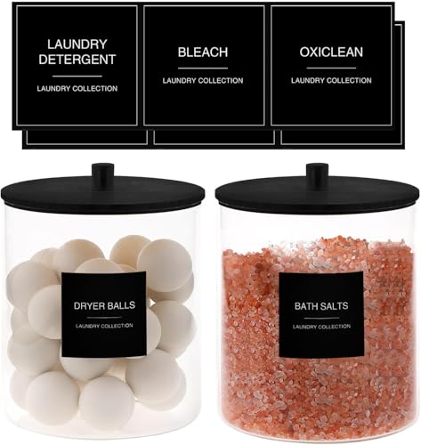 TIPGO Laundry Pods Container with 27 Labels, Glass Jars for Laundry Room Organization, Detergent Holder with Bamboo Lid, Cute Storage Jars, Black (Set of 1)