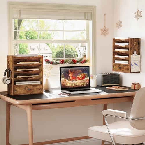 HOOBRO Wall File Organizer, Mail Organizer Wall Mounted, Wooden Literature Organizer, Construction Paper Organizer with Drawer Storage and 2 Hooks, for Office, Classroom, Home, Rustic Brown FG14WF01 - color: Rustic Brown