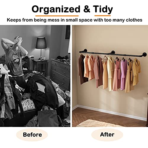 Wall Mounted Clothes Rack 72.5in, Industrial Pipe Clothing Racks Wall Mount, Heavy Duty Detachable Iron Garment Bar, Saving Space, Multi-Purpose Hanging Rod for Bedroom, Laundry Room, 1 Pack - size: 72.5Inches