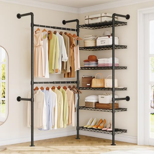 L2 Wall Mounted Closet System, Industrial Pipe Clothing Rack Clothes Racks with 2 Telescopic Rod & 6 Shelves, Heavy Duty Closet Organizers System in Wardrobe Closet, Black - color: Black
