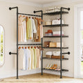 L2 Wall Mounted Closet System, Industrial Pipe Clothing Rack Clothes Racks with 2 Telescopic Rod & 6 Shelves, Heavy Duty Closet Organizers System in Wardrobe Closet, Black - color: Black