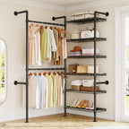 L2 Wall Mounted Closet System, Industrial Pipe Clothing Rack Clothes Racks with 2 Telescopic Rod & 6 Shelves, Heavy Duty Closet Organizers System in Wardrobe Closet, Black - color: Black