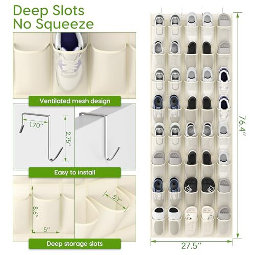 Unjumbly Over the Door Shoe Organizer with 40 Large Breathable Mesh Pockets, Space Saving Shoe Holder, Hanging Shoe Rack for Entryway Bedroom Closet Storage (Beige, 40 Pockets) - color: Beige, size: 40 Pockets