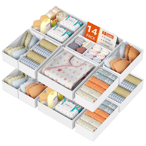 DIMJ Drawer Organizer Clothes 14 Pack - Foldable Baby Organizers and Storage & Dresser Organizer for Bedroom, Closet - Nursery Organization Dresser Dividers for underwear, Sock,Bra, Belt, Tie, White - color: White, size: 14 Pack
