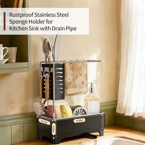 MOUKABAL Sponge Holder for Kitchen Sink, 2-Tier Sink Caddy Organizer with Drain Holes and Hooks, Holds Dishcloth, Sponge & Brushes, Kitchen Countertop Storage for New Home Essentials Black - color: Black 2