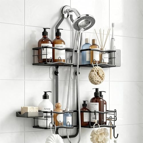 Shower Caddy Hanging Organizer, Rustproof Shower Organizer Hanging for Handheld Showerhead with Hooks for Razor/Sponge, Bathroom Caddy Rack Shower Shelves for Shampoo Soap Towels, Black - color: Black