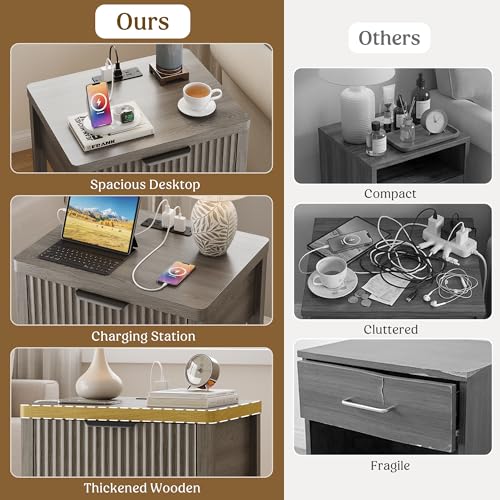 Lulive Fluted Nightstand with Charging Station, 1 Drawer, Contemporary Design (Dark Grey) - color: Dark Grey, size: 1 Drawer-Set of 1 Nightstand