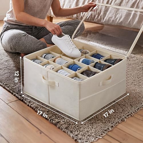 Under Bed Shoe Storage Organizer 16 Compartment, Foldable Shoe Organizer Under Bed with Clear PVC Lid, Shoe Storage Box with Zipper & Handle for Closet Bedroom, Off White, Pack of 2 - color: Off White