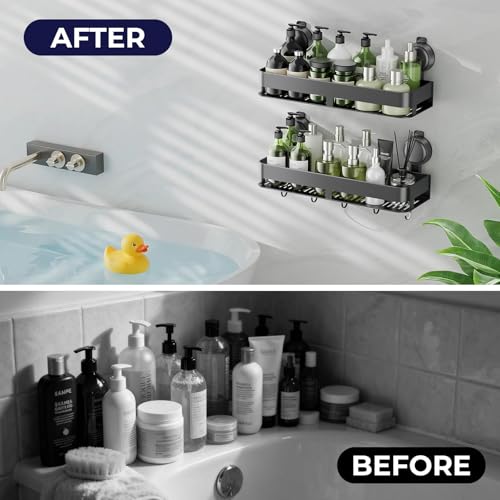 ONXE Shower Caddy Suction Cup,2 Pack Suction Shower Organizer,No Drilling Rustproof Shelves for Bathroom,Kitchen,Home Decor,Heavy Duty Bathroom Organizer with Large Capacity (11.8 inch-No bar) - size: 11.8 inch-No bar