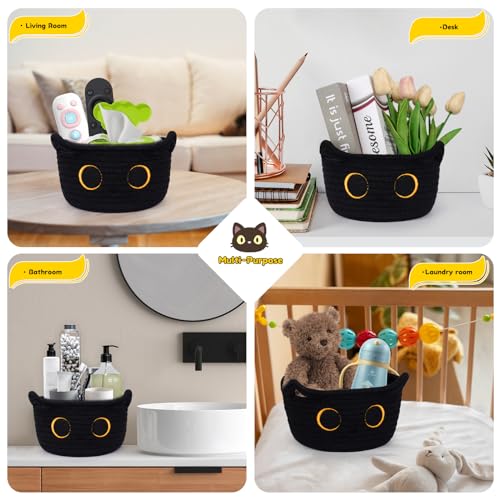 Small Storage Basket, Black Cat Cotton Rope Baskets Woven Blasket for Nursery, Blanket Basket Baby Toy Storage Organizer With Ears for Gifts Cat Dog Bin Toys 8.5×4.5 inches - color: Black, size: 9 × 5 inches