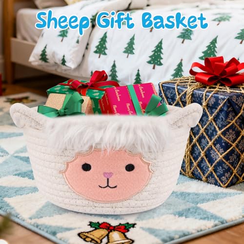 Small Storage Basket for Nursery, Sheep Woven Animal Gift Basket, Round Woven Rope Cotton Storage, Baby Blanket 0rganizer with Ears Handles, Blanket Towel Decor Storage Bins, 8.2"D x 4.7"H IN - color: White Red, size: 9"D × 5 "H