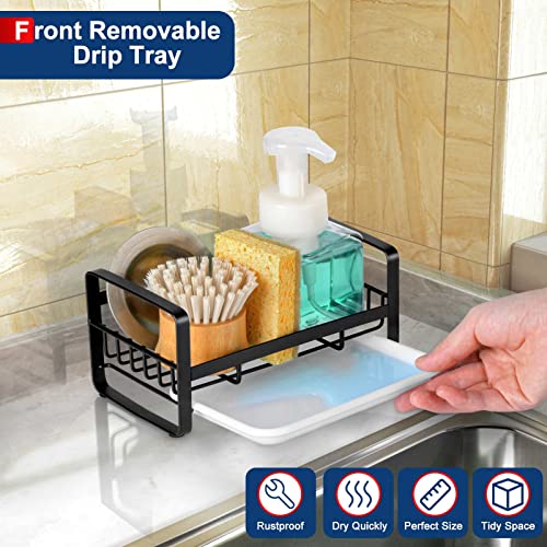 HULISEN Kitchen Sink Sponge Holder, 304 Stainless Steel Kitchen Soap Dispenser Caddy Organizer, Countertop Soap Dish Rack Drainer with Removable Drain Tray, not Including Dispenser and Brush, Black - color: Black, size: Medium