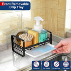 HULISEN Kitchen Sink Sponge Holder, 304 Stainless Steel Kitchen Soap Dispenser Caddy Organizer, Countertop Soap Dish Rack Drainer with Removable Drain Tray, not Including Dispenser and Brush, Black - color: Black, size: Medium
