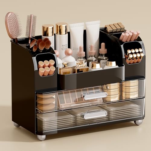 Makeup Organizer for Vanity with 2 Large Drawers, Cosmetic Display Case with Brush Holders, Easy to Storage for Bathroom Countertop Skincare, Perfume, Black - color: Black