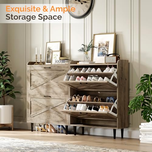 VINGLI Shoe Storage Cabinet for Entryway with 2 Flip Drawers, Ultra Slim Freestanding Entryway Shoe Organizer with Wood Tapered Legs,Hidden Closed Shoe Rack,31.6" W * 9.4" D * 39.4" H, Washed Gray - color: Washed Grey, size: 31.5"W 2 Drawers