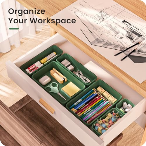 A-LuGei 【𝟮𝟴𝗣𝗖𝗦】 【𝟱𝗦𝗶𝘇𝗲】 ArmyGreen Drawer Organizer, Makeup organizer, 【Holds 177 Items】 Bathroom Organizers and Storage, Plastic Desk Organizer Divider, Organizer Bins for Office Vanity - color: Deep Green