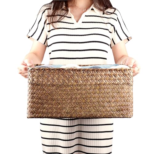 Hipiwe Seagrass Storage Baskets Bin for Shelf Handwoven Wicker Baskets Built-in Handles Rectangular Closet Bedroom Organizer Box Multipurpose Storage Basket Organizer,16.1"L x11.8"W x7.7"H - color: Coffee, size: X-Large,16.1"x11.8"x7.7"