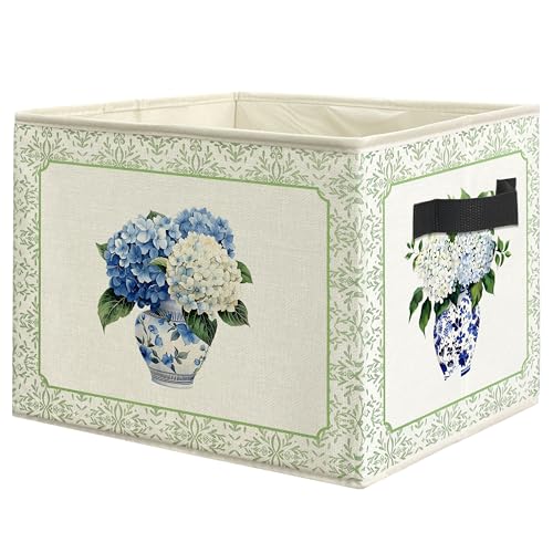 Chinoiserie Hydrangea Floral Storage Bin Box with Handles, Blue and White Porcelain Hydrangea Flower Foldable Linen Fabric Laundry Basket for Home Bedroom Bathroom Clothes Toys Books - color: Blue and White