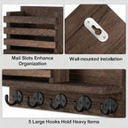 Wall Key and Mail Holder, Mail Organizer with 5 Metal Key Hooks, Selected Tung Wood, 11.8 x 6.7 inches, Includes mounting Hardware (Brown) - color: Brown