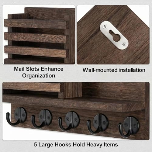 Wall Key and Mail Holder, Mail Organizer with 5 Metal Key Hooks, Selected Tung Wood, 11.8 x 6.7 inches, Includes mounting Hardware (Brown) - color: Brown