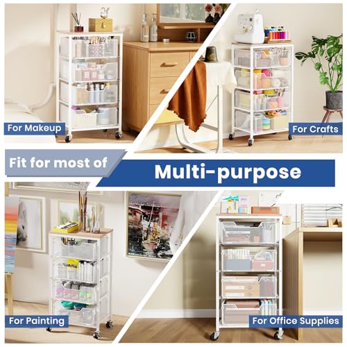 Goovilla Kitchen Cart with Drawers, 4 Tier Metal Rolling Utility Cart Organizer on Lockable Wheels with Wooden Top, White Fruit Vegetable Storage Rack Also for Cans, Snack, Craft, Art, Office, Beauty - size: White