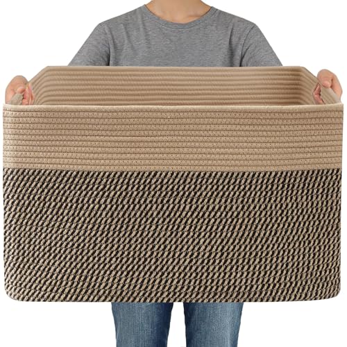 JMvicyroam Woven Blanket Basket,96L Large Storage Bin for Blankets Toys Clothes,Decorative Rope Basket for Living Room Bedroom with Handles, Jute&Black - color: Jute&Black, size: 96L