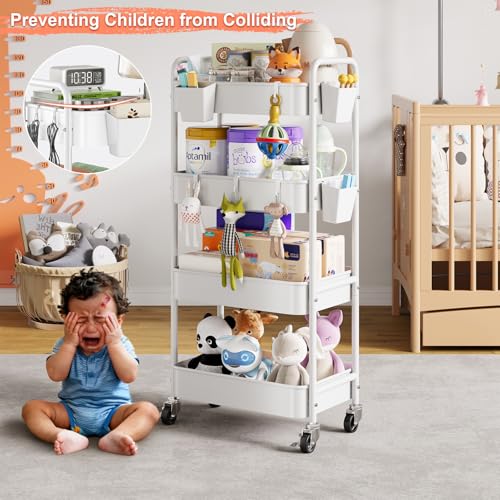 4 Tier Rolling Cart Metal with Wheels, White Four Tiered Rolling Storage Cart on Wheels, Utility Roller Carts Organizer for Art, Craft, Baby Diaper Caddy, Snack, Book, Large-Capacity Shelving Units - color: Light White, size: 4-Tier + Cups + Hooks