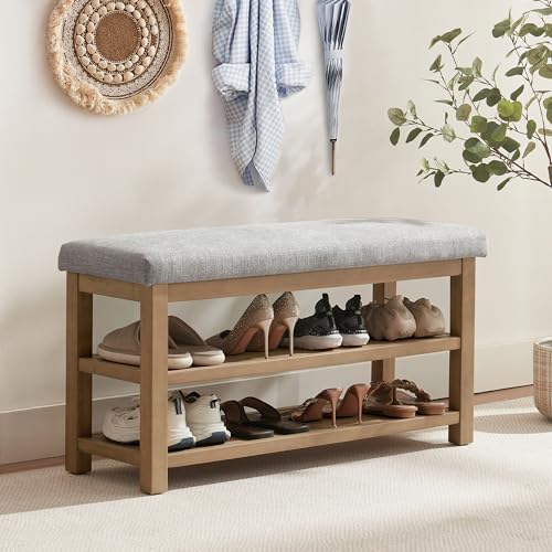 Zihanhome 2 Tier Shoe Rack Bench with Cushion, Solid Wood Shoe Benches, Mid-Century Modern Shoe Storage Bench for Entryway, Hallway, Living Room, Closet, Front Door Entrance, (Grey, 39.4") - color: Grey, size: 39.4"