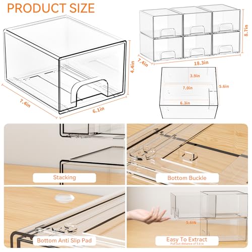 Yieach 6 Pack Small Stackable Storage Drawers,4.4 Inch Tall Stacking Acrylic Clear Storage Bins for Bathroom Vanity,Undersink,Pull Out Drawer Organizers for Beauty,Makeup,Medicine Cabinet Organizers - color: Clear-4.4 In Tall, size: 6 PCS