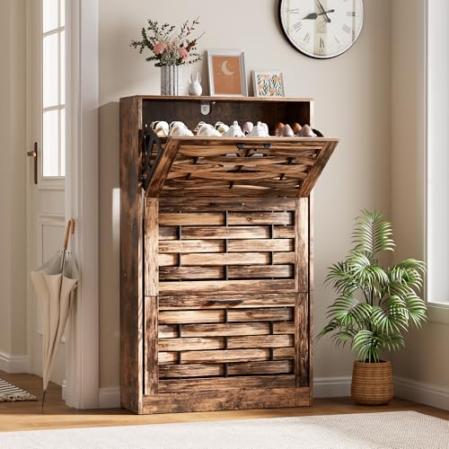 Farmhouse Shoe Cabinet Storage with 3 Flip Drawers for Entryway, Slim Shoe Rack Cabinet with Woven Design Drawers, Narrow Shoe Organizer for Hallway, Apartment, Rustic Brown - color: Rustic Brown, size: 3 Drawers