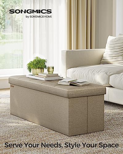 SONGMICS MAZIE Collection - 43 Inches Folding Storage Ottoman Bench, Ottoman Foot Rest, End of Bed Bench, Storage Chest, Load 660 lb, for Living Room, Bedroom, Entryway, Camel Brown ULSF077R01 - color: Camel Brown, size: 15"D x 43"W x 15"H