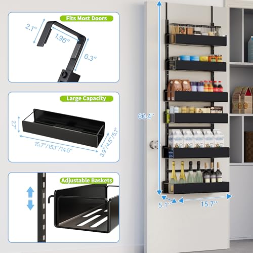 Over the Door Pantry Organizer, 6-Tier Pantry Organizers and Storage, Metal Hanging Spice Rack for Home & Kitchen, Laundry Room Bathroom Organization, Black - color: BlackPlate, size: 6-Tier