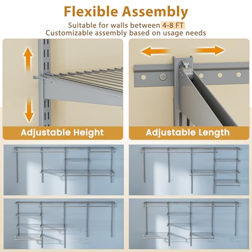 Tangkula 4 to 8 FT Custom Closet System, Wall Mounted Closet with Hanging Rod, Metal Hanging Storage Organizer Rack Wardrobe with Shelves, Adjustable Closet System Kit for Bedroom (Gray) - color: Gray, size: 4 to 8 FT