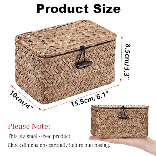 Hipiwe Seagrass Basket Key Holder Box for Entryway Tabletop Desk Organizer with Lid Handwoven Wicker Storage Bin for Hair Ties Candy, 6.1"L x 4.0"W x 3.3"H - color: Coffee color, size: 6.1" x 4.0" x 3.3"