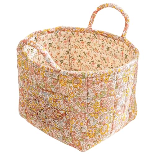 Boho Fabric Storage Basket, Boho Floral Laundry Baskets, Folding Bohemian Style Puffer Quilted Tote, Spring Vintage Storage Bag Organizer Large Capacity with Handle & Front Pocket - color: Yellow