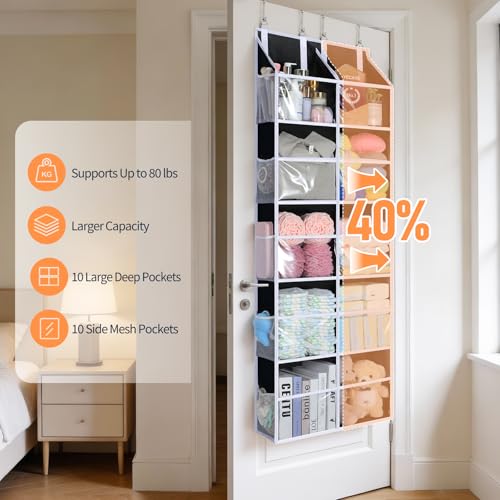 Yecaye 80lb Clear Door Hanging Yarn Storage Organizer, 10 Large Plastic Pockets & 10 Mesh Pockets Over The Door Crochet Organizer, 5 Tier Yarn Ball Storage for Knitting Needles, Black - color: Black
