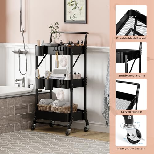 3 Tier Foldable Rolling Cart with Wheels, Folding Utility Cart Organizer, Collapsible Rolling Storage Cart with 3 Hanging Cups & 6 Hooks for Kitchen, Office, Nursery(Black) - color: Black
