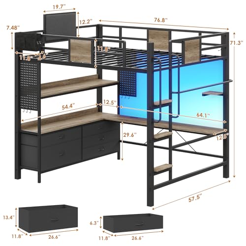 Dnxao Full Loft Bed with Desk and 5 Storage Drawers, Loft Bed Full Size with 1 Bedside Organizer,Removable Ladder, LED Lights and Charging Station,Clothes Rail,Safety Guard,Oak Gray | Clothes Rail, Safety Guard, 1 Bedside Organizer - color: Oak Gray, size