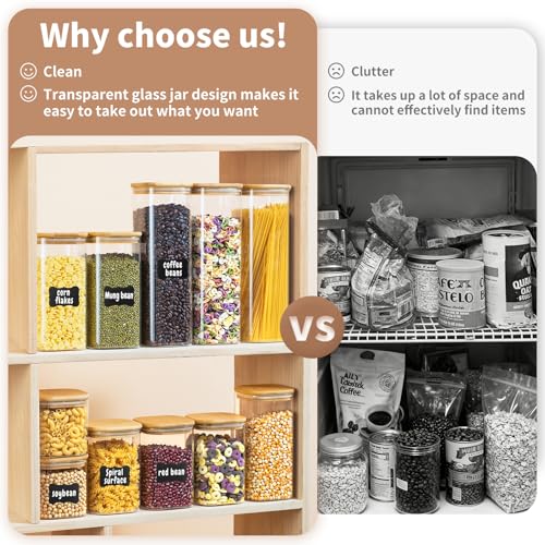 SENTVEND 24 Oz/ 37 Oz/ 51 Oz Glass Storage Jars with Bamboo Lids - 6 Pack Clear Glass Canisters Square Airtight Stackable Ideal for Pantry Storage Containers Great for Cereal Coffee Beans Snacks etc - color: 24/37/51 OZ-Clear