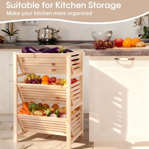 Potato Onion Storage Rack, 3-Tier Stackable Wooden Bins for Pantry Cabinet, Ventilated Vegetable Organizer with Baskets, Fruit Produce Bread Holder for Kitchen Shelf, Fir Wood