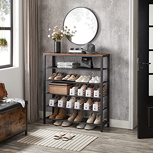 VASAGLE 6-Tier Shoe Rack, Shoe Organizer for Closet, Entryway, 24-30 Pairs of Shoes, Large Shoe Rack Organizer with 5 Metal Mesh Shelves, 11.8 x 39.4 x 43.3 Inches, Rustic Brown and Black ULBS016B01 - color: Rustic Brown, size: 6 Tiers (39.4"W)